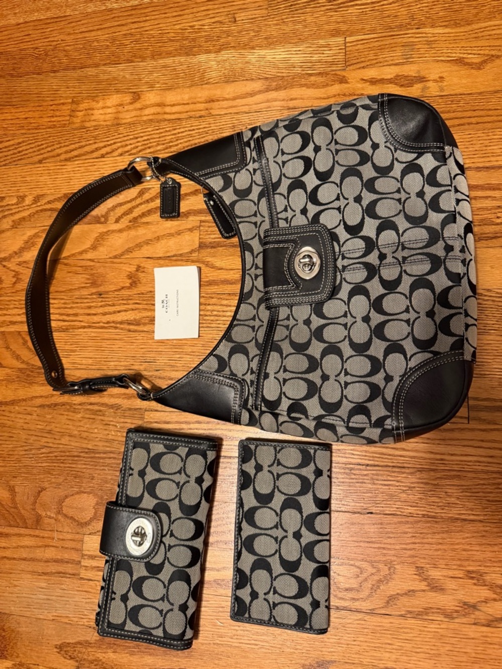 Coach Signature Canvas Hobo Bag in Black/Gray with Matching Wallets